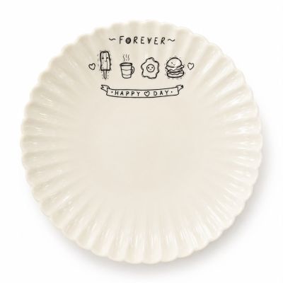 طبق سيراميك مضلع برسومات كرتونية للوجبات الخفيفة.  & Ceramic Fluted Plate with Cute Food Cartoons / Decorative Breakfast Plate.