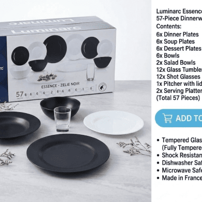 طقم مائدة عشاء أركوبال لومينارك فرنسي 57 قطعة (أسود وأبيض).Luminarc Essence Zelie Noir 57-Piece Dinnerware Set.