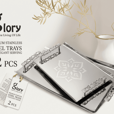طقم صواني تقديم ستانلس ستيل فاخر قطعتين من  Glory Premium Stainless Steel Serving Trays Set - 2 Pieces
