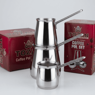 طقم كنزات (دلايات) قهوة ستانلس ستيل قطعتين أو 3 قطع مع حامل من  Tozan Stainless Steel Coffee Pot Set with Stand.