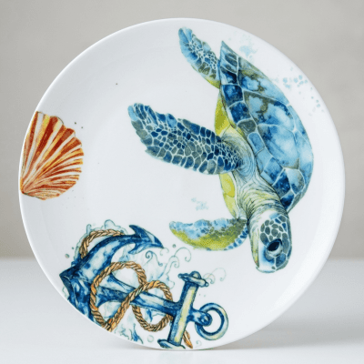 طبق تقديم بورسلين بنقوش بحرية (تصميم سلحفاة  Nautical Porcelain Dinner & Serving Plate (Turtle & Anchor Design).