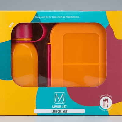 طقم لانش بوكس فرسكو المتكامل (ام ديزاين) - 5 قطع - برتقالي وأحمرM-Design Fresco Integrated Lunch Box Set - 5 Pieces - Orange & Red📝 