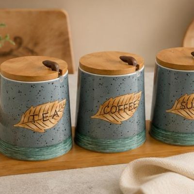 Modern ceramic kitchen jars set with elegant wooden lids and tray  Perfect for storing tea, coffee, sugar, and spices while adding a cozy stylish touch to your kitchen