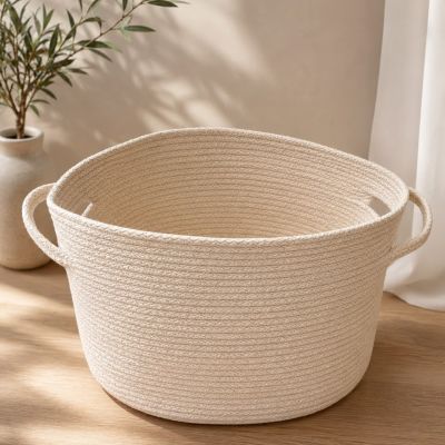  سلة تخزين قطنية منسوجة بمقابض / منظم غسيل بوهيمي.&^ : Cotton Rope Storage Basket with Handles