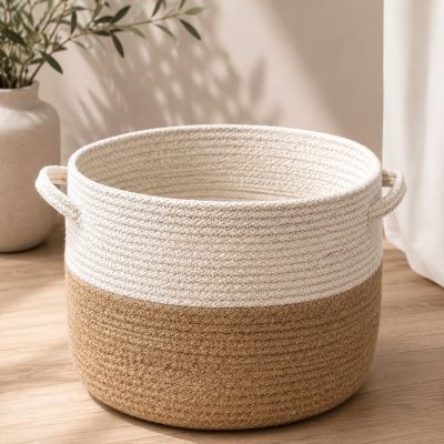 سلة تخزين قطنية منسوجة ثنائية اللون بمقابض.&  Two-Tone Cotton Rope Storage Basket with Handles
