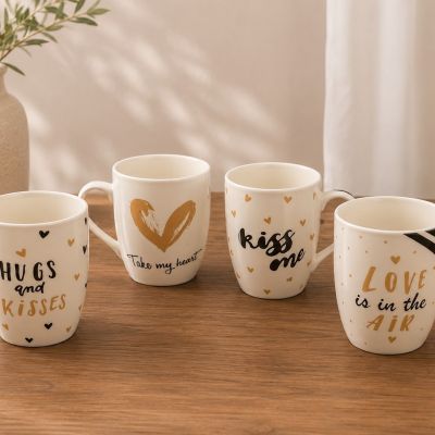  طقم مجات سيراميك مطبوعة بعبارات حب (4 قطع).&  Romantic Ceramic Mug Set with Love Quotes (4 Pieces).