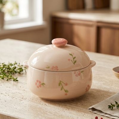 حلة سيراميك حرارية للطهي والتقديم بنقوش ورود / طاجن سيراميك بغطاء.& Floral Ceramic Casserole Dish with Lid / Ceramic Stockpot