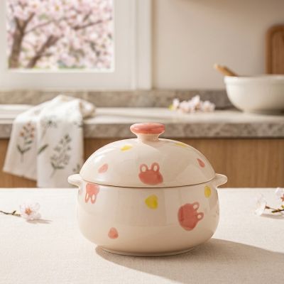 حلة سيراميك حرارية للطهي والتقديم بنقوش كرتونية لطيفة / طاجن سيراميك بغطاء.&  Cute Ceramic Casserole Dish with Lid / Ceramic Stockpot