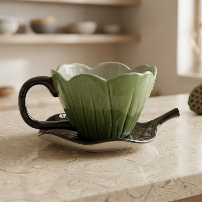 فنجان سيراميك على شكل زهرة خضراء مع طبق على شكل ورقة شجر.&   Green Ceramic Flower-Shaped Mug with Leaf Saucer Set