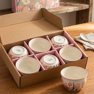 طقم بولات سيراميك بنقوش زهور التوليب (6 قطع) ماركة مازوت.& : Mazotte Ceramic Tulip-Patterned Bowl Set (6 Pieces)