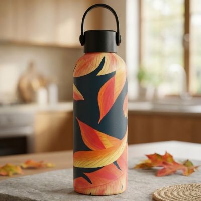  زجاجة مياه حرارية معزولة من الفولاذ المقاوم للصدأ بنقوش أوراق الشجر.&  Insulated Stainless Steel Water Bottle with Autumn Leaves Pattern
