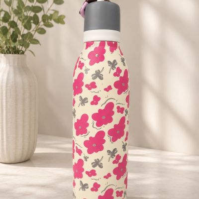 زجاجة مياه معدنية بنقوش زهور وردية  &  Pink Floral Print Metal Water Bottle