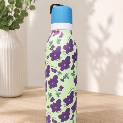 زجاجة مياه معدنية بنقوش زهور  &  Floral Print Metal Water Bottle