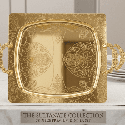 طقم صواني تقديم ستانلس ستيل ملكية مربعة بحواف ومقابض ذهبية فاخرة.قطعتين فقط Royal Square Stainless Steel Serving Tray Set with Luxury Gold Borders and Handles