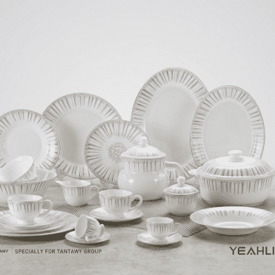 58 قطعه  طقم عشاء صيني بورسلين فاخر (ماركة Yeahlife) بنقوش خطوط إشعاعية كلاسيكية.Yeahlife Premium Porcelain Dinnerware Set with Classic Radiating