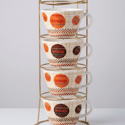 طقم بولات شوربة بورسلين بمقابض مع حامل ذهبي رأسي (4 قطع)4-Piece Porcelain Soup Mug Set with Vertical Gold Stand