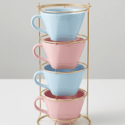 طقم مجات بورسلين ألوان باستيل ناعمة مع حامل ذهبي رأسي (4 قطع) 4-Piece Pastel Porcelain Mug Set with Vertical Gold Stand