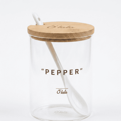 علبة توابل زجاجية بغطاء خيزران (بامبو) وملعقة سيراميك - "Pepper": Glass Spice Jar with Bamboo Lid and Ceramic Spoon - "Pepper"