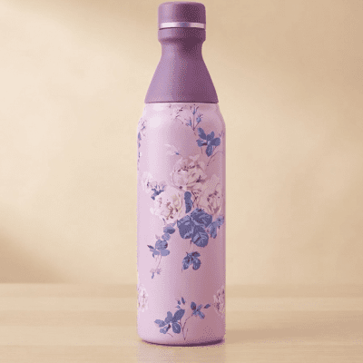 زجاجة مياه معزولة بنقوش الزهور البنفسجية.  &  Violet Floral Insulated Water Bottle.