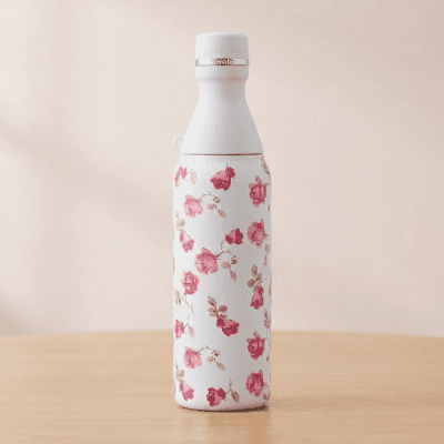 زجاجة مياه "أوالا" معزولة بنقوش الورود البيضاء.  &  Owala Insulated Water Bottle - White Floral Print.