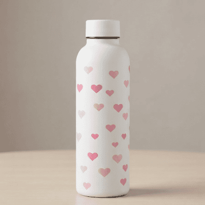 زجاجة مياه معزولة بنقش القلوب الوردية.  & : Insulated Water Bottle with Pink Hearts Print.