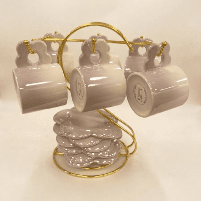 طقم فناجين قهوة (سيراميك) مع حامل ذهبي وأطباق متناسقة.  &  Ceramic Coffee Cup & Saucer Set with Gold Stand.