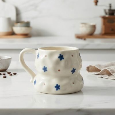 كوب سيراميك يدوي الصنع بنقشة زهور زرقاء.  &  Handmade Ceramic Blue Floral Mug.