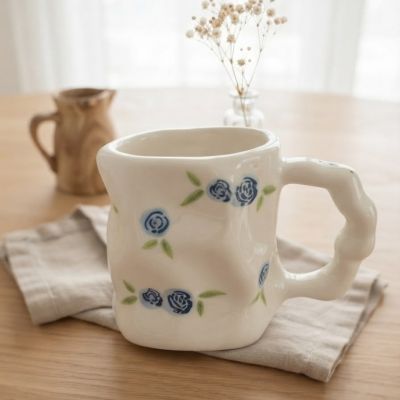 كوب سيراميك يدوي الصنع بنقشة ورود زرقاء ومقبض متموج.  & Handmade Ceramic Blue Rose Mug with Wavy Handle.