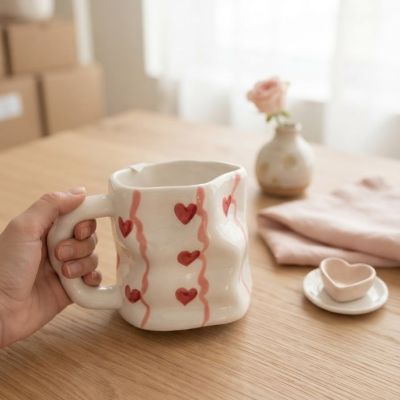 : كوب سيراميك يدوي الصنع بنقشة قلوب حمراء وخطوط وردية متموجة.  & : Handmade Ceramic Mug with Red Hearts and Wavy Pink Stripes.