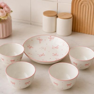 Cute 5-piece ceramic bowl set with elegant pink bow details. Perfect for snacks, desserts, fruits, and everyday dining. Durable, stylish, and easy to clean