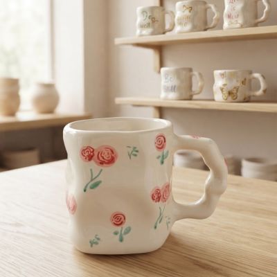 كوب سيراميك يدوي الصنع بنقشة ورود حمراء ومقبض متموج.  &  Handmade Ceramic Red Rose Mug with Wavy Handle.