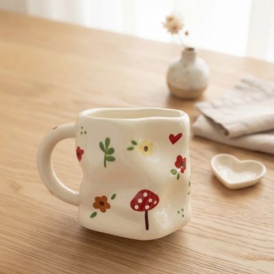 كوب سيراميك يدوي الصنع بنقشة الفطر، الزهور الملونة والقلوب.  &  Handmade Ceramic Mushroom, Floral, and Heart Mug.