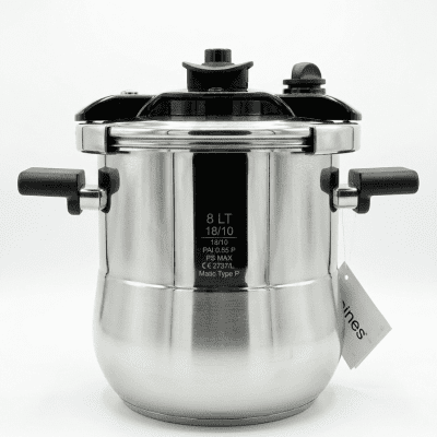 حلة ضغط ستانلس ستيل لاينز بمقابض سوداء (سعة 8 لترLines Stainless Steel Pressure Cooker with Black Handles (8L Capacity)