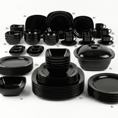 طقم عشاء أركوبال أسود ملكي لامع 38 قطعة - تصميم مربع مودرنRoyal Glossy Black Opal Glass Dinnerware Set - 38 Pieces Modern Square Design