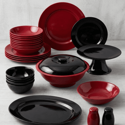 طقم عشاء أركوبال أحمر في أسود 38 قطعة - تصميم مودرن لامعRed & Black Modern Opal Glass Dinnerware Set - 38 Pieces