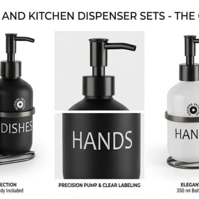 practical 3-piece set featuring a metal holder and two dispensers, one for dish soap and one for hand wash. Perfect for keeping your sink area organized with a modern and clean look