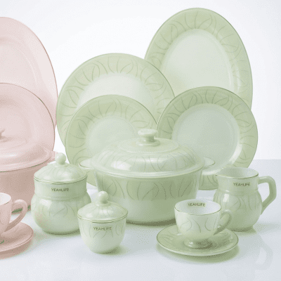 طقم عشاء وأركوبال فاخر ماركة ياه لايف - لون مينت جرين وأوف وايت.Yeahlife Luxury Arcopal Dinnerware Set - Mint Green & Off-White.📝 