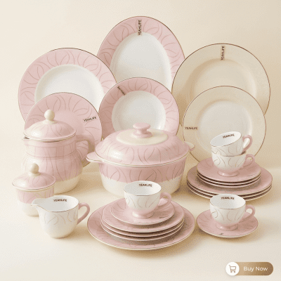 طقم عشاء وأركوبال فاخر ماركة ياه لايف - لون روز وبودر بينك.IYeahlife Luxury Arcopal Dinnerware Set - Rose & Powder Pink.