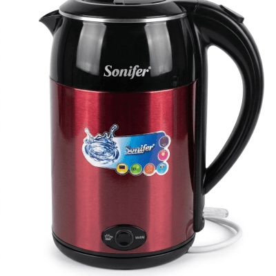 غلاية مياه كهربائية ستانلس ستيل سونيفر - 1.8 لتر - لون أحمر نبيذي. Sonifer Stainless Steel Electric Kettle - 1.8L - Burgundy Red (Model: SF-2072).