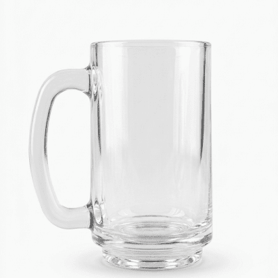 مج زجاجي شفاف بقاعدة سميكة ومقبض مريح.Clear Glass Mug with Thick Base and Comfortable Handle.
