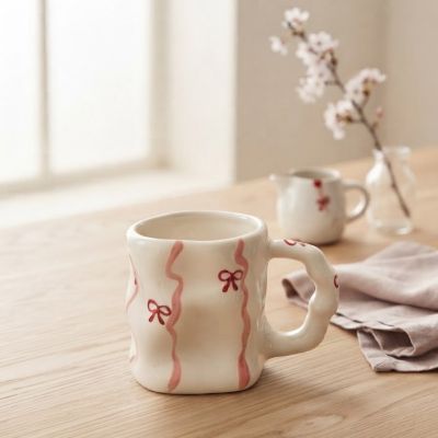 : كوب سيراميك يدوي الصنع بتصميم شريط وفيونكة وردية.  & Handmade Ceramic Coquette Ribbon & Bow Mug.