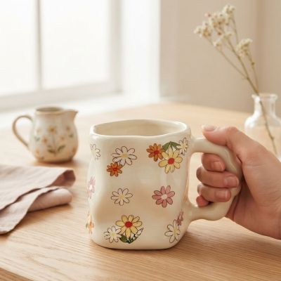كوب سيراميك متموج بنقوش زهور الأقحوان الريترو.  & : Handmade Wavy Vintage Floral Ceramic Mug.