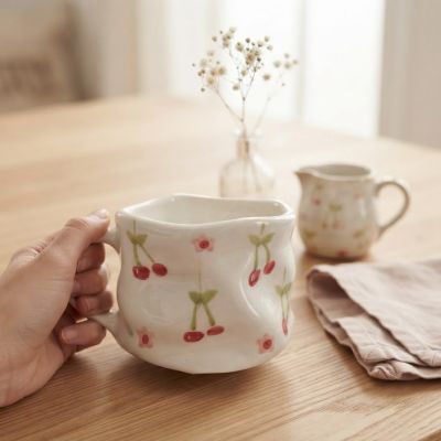 كوب سيراميك متموج بنقوش كرز وزهور صغيرة.  &  Handmade Wavy Ceramic Cherry & Blossom Mug
