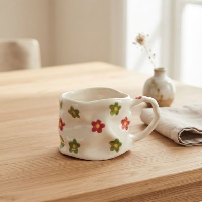 كوب سيراميك متموج بنقوش زهور ريفية ملونة.  & : Handmade Wavy Ceramic Cottagecore Floral Mug.