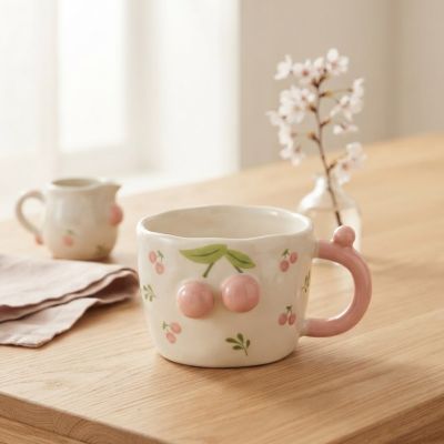 كوب سيراميك متموج بتصميم كرز وردي ثلاثي الأبعاد وأوراق شجر.  &  Handmade Wavy 3D Pink Cherry & Leaves Ceramic Mug.