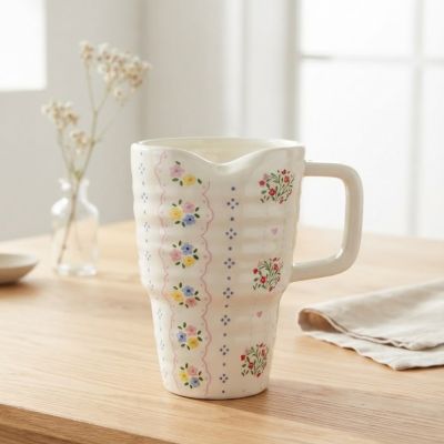 إبريق (شاف) سيراميك ريفي بنقوش زهور كلاسيكية ومقبض جانبي.  &  Vintage Cottagecore Floral Ceramic Pitcher/Jug with Handle.
