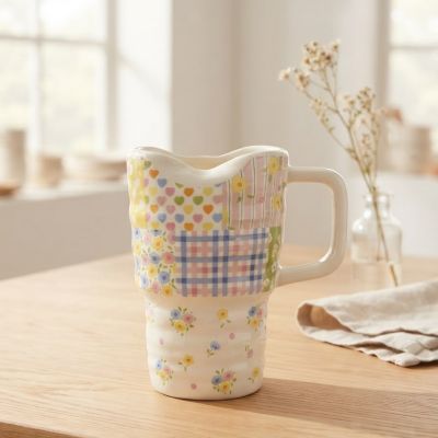 إبريق سيراميك ريفي بتصميم المرقعات (الباتشورك) ونقوش زهور ملونة.  & : Vintage Cottagecore Patchwork & Floral Ceramic Pitcher.