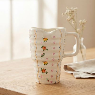 إبريق سيراميك مضلع بنقوش ورود ريترو كلاسيكية.  & : Vintage Cottagecore Ribbed Floral Ceramic Pitcher.