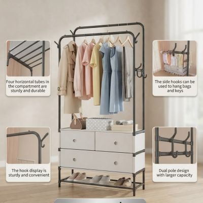 حامل ملابس معدني مزدوج مع أدراج تخزين ورف للأحذية.  & : Dual-Pole Metal Coat Rack with Storage Drawers & Shoe Shelf.