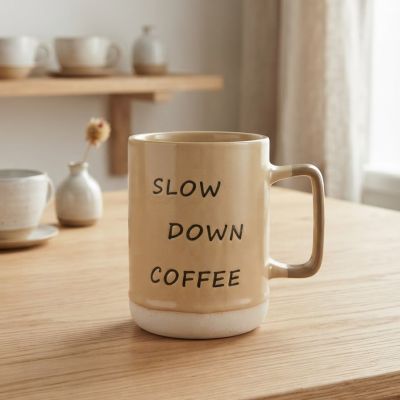 كوب سيراميك بيج محفور بعبارة " &  Vintage Beige Ceramic "Slow Down Coffee" Engraved Mug.